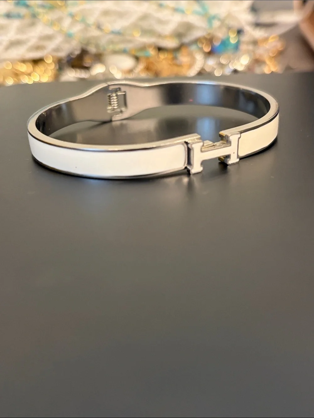 Stainless steel White Enamel 'H' Cuff Bracelet - Women's Accessory